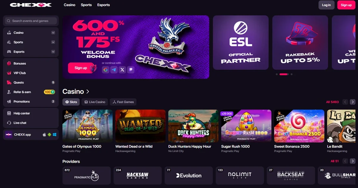 Página inicial oficial do CHEXX com cassino e sportsbook